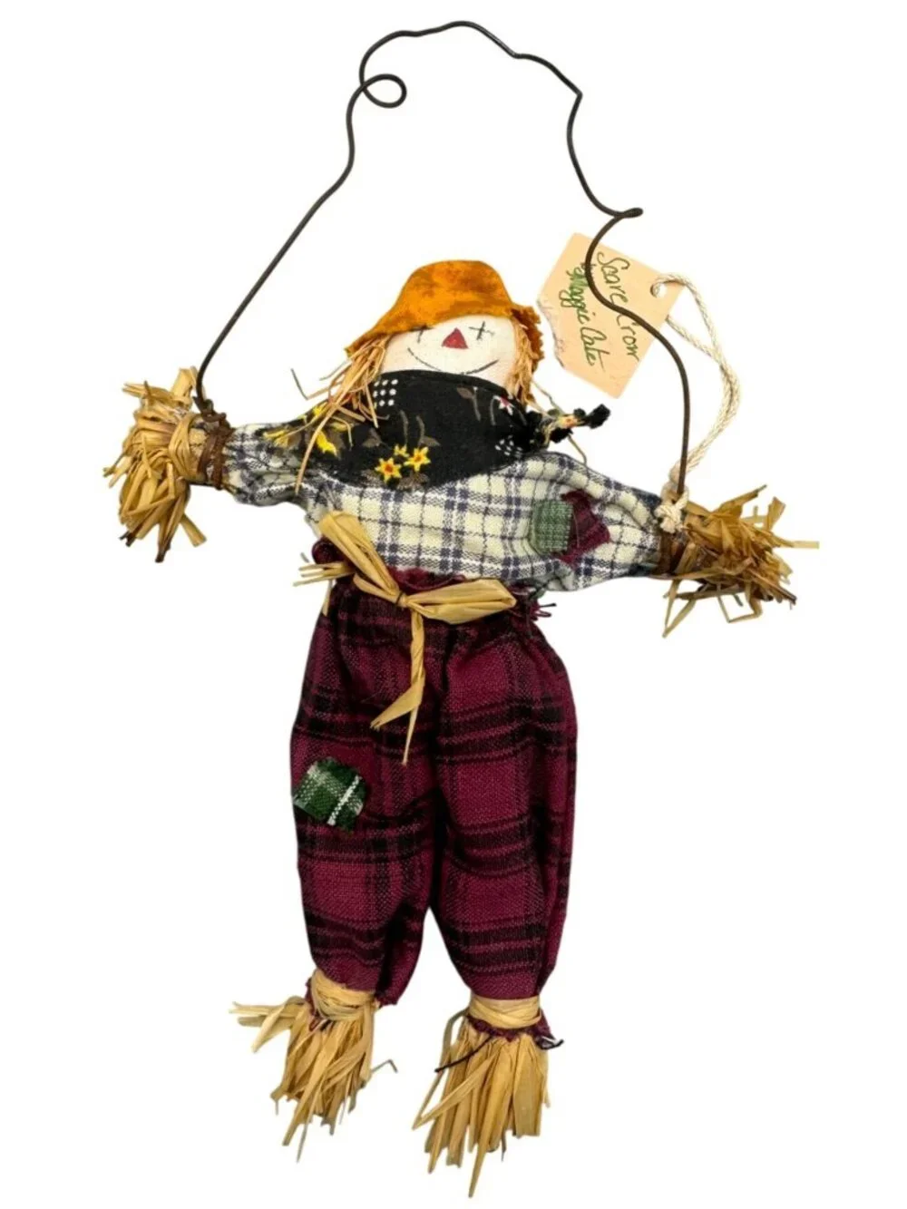 Handmade Rustic Scarecrow Ornament With Plaid Clothes & Wire to Hang READ